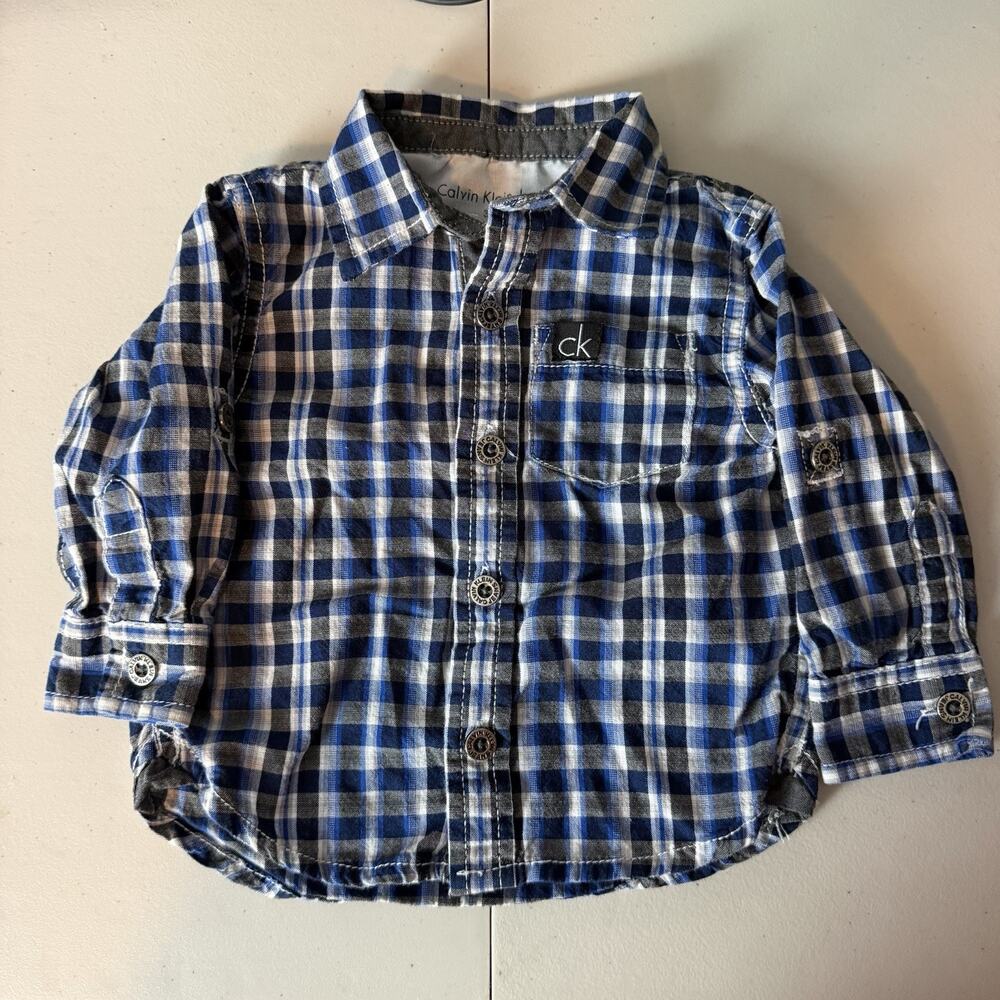 Calvin Klein Jeans Baby Boy Blue Black Plaid Long Sleeve Button Down Size 3/6M